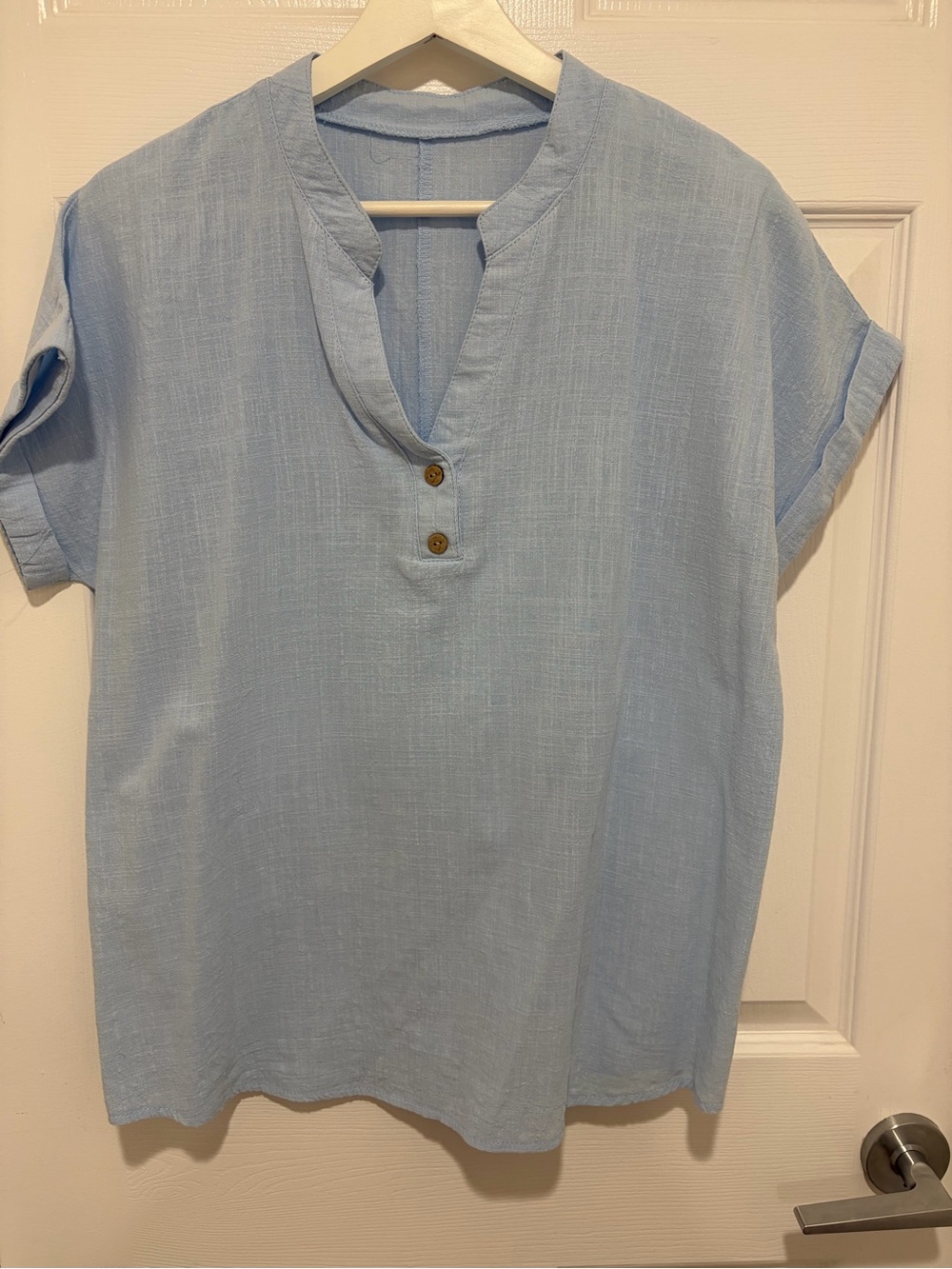 Women’s Powder Blue 100% Linen Short Sleeve V-Neck Tunic Top~Size Medium
